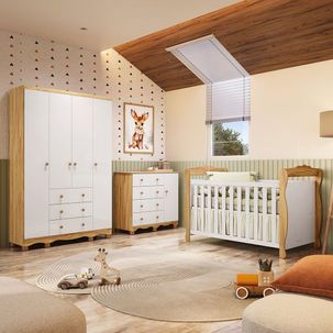 Quarto de Bebê Completo Berço 3 em 1, Guarda-roupa 4 Portas e Cômoda 100% MDF Nina Espresso Móveis Branco Brilho/Amêndoa