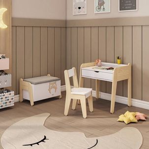 Conjunto Mesa com Cadeira e Baú Infantil Corujinha Casatema Branco/Natural