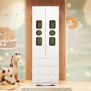 Guarda-roupa Infantil 61,7cm 2 Portas 3 Gavetas com Janelas sem Pés Ezra 100% Mdf Espresso Móveis Branco Brilho