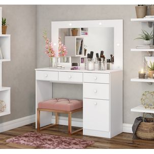 Penteadeira Camarim com Espelho e LED 1 Porta 4 Gavetas Happy Espresso Móveis Branco