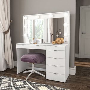 Penteadeira Camarim com Espelho 7 Gavetas e Tomada Diamante Espresso Móveis Branco