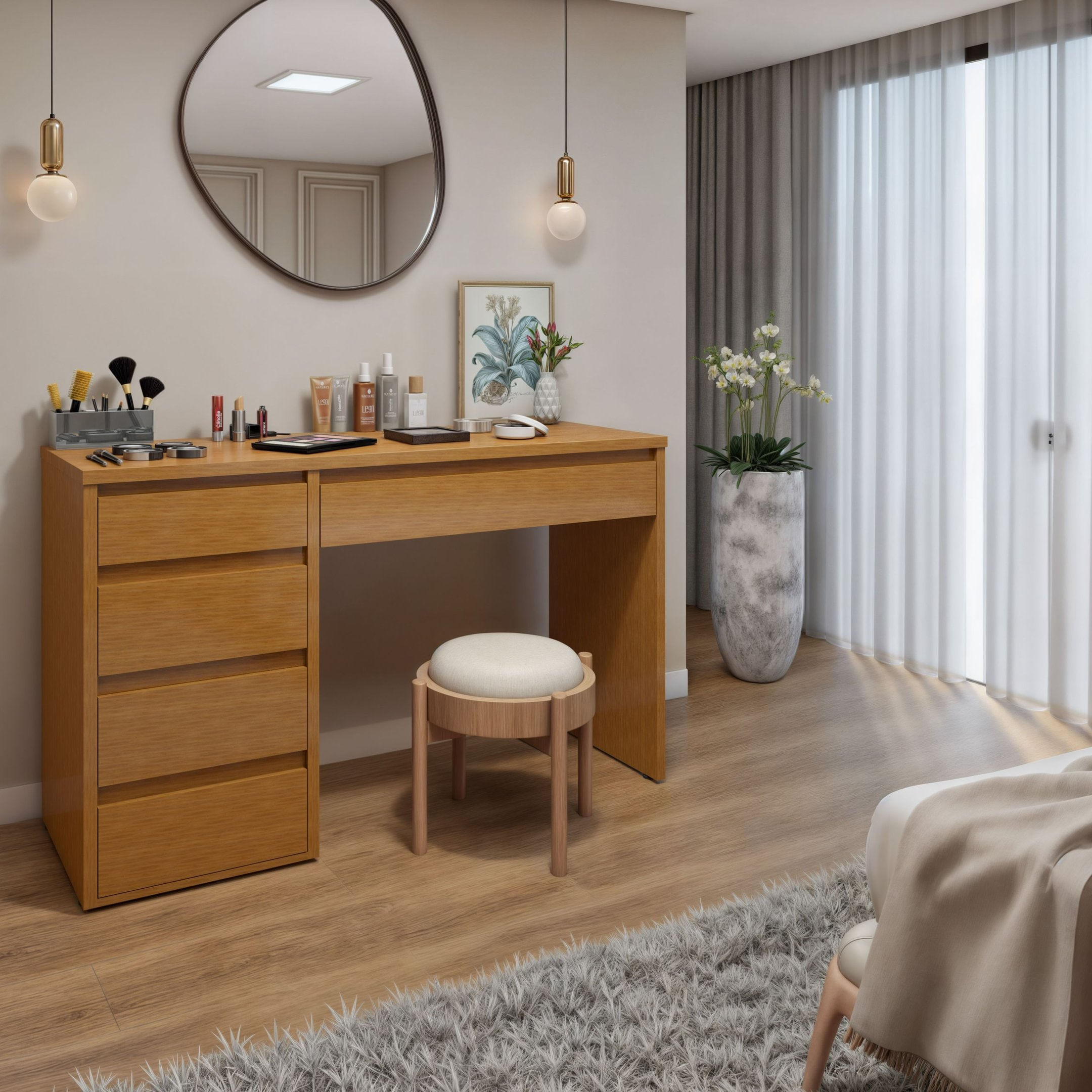 An AnRegalia CrownEmpireKINGSDOWセミダブル Penteadeira 5 Gavetas 100% MDF sem Espelho Giulia Yescasa Naturalle
