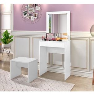 Conjunto Penteadeira com Espelho 1 Gaveta e Banqueta Sofia Branco