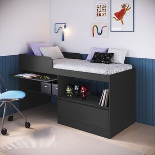 Cama Alta Multifuncional Solteiro Infantil/Juvenil com Estação De Trabalho 80 Jacarta Grafite