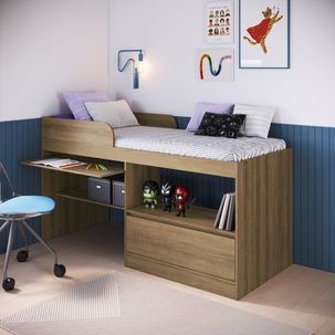 Cama Alta Multifuncional Solteiro Infantil/Juvenil com Estação De Trabalho 80 Jacarta Mel
