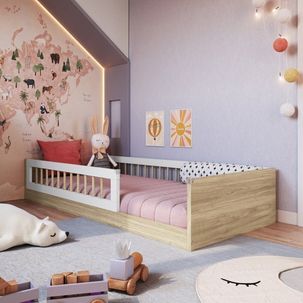 Cama Montessoriana de Solteiro Linha Affetto com Colchão Incluso Aveiro Oak/Branco