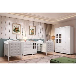 Quarto de Bebê Gêmeos 2 Berços Capitonê Guarda-Roupa e Cômoda Maya Clássico 100% MDF Espresso Móveis Branco Brilho/Branco