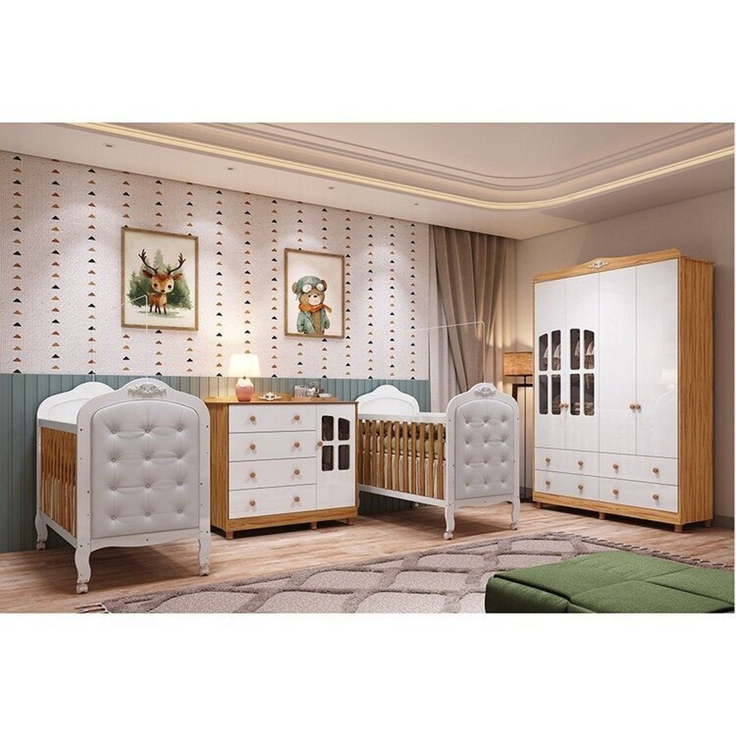 Quarto de Bebê Guarda-roupa Cômoda Janelado 2 Berços Capitonê Maya Clássico 100% Mdf Espresso Móveis Branco Brilho/Amêndoa/Branco