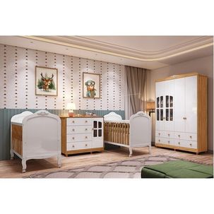 Quarto de Bebê Gêmeos 2 Berços Guarda-Roupa e Cômoda Janelada 100% MDF Maya Clássico Espresso Móveis Branco Brilho/Amêndoa/Branco