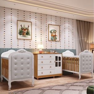 Quarto de Bebê Gêmeos 2 Berços com Capitonê e Cômoda Janelada 100% MDF Maya Clássico Espresso Móveis Branco Brilho/Amêndoa/Branco