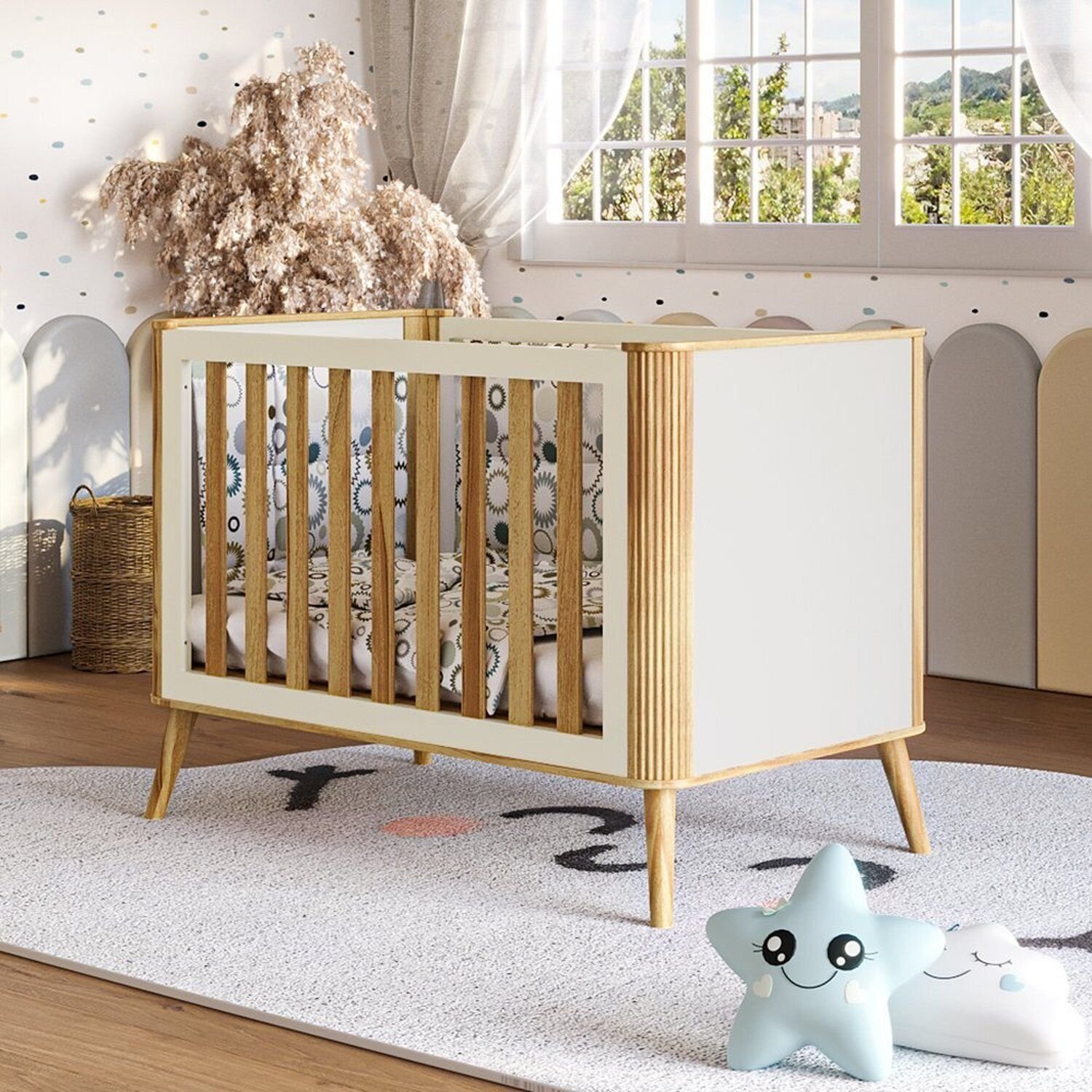 Berço Arredondado Minicama Americano 3 em 1 Luly 100% MDF Espresso Móveis Bege/Off White/Amêndoa Off White/Amêndoa