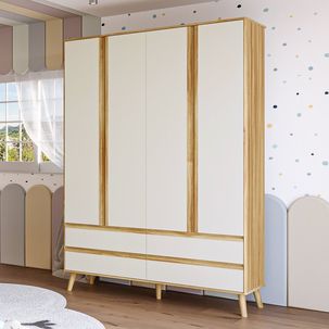 Guarda-Roupa Infantil com 4 Portas 4 Gavetas e Pés Palito Luly 100% MDF Espresso Móveis Off White/Amêndoa