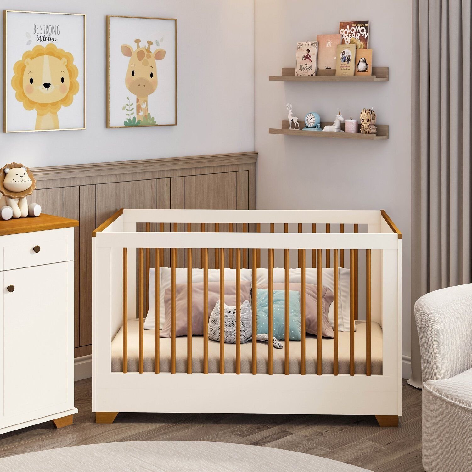 Berço Evolutivo 2 em 1 com Grades Palito em Madeira Maciça Baby Ananda Casatema OffWhite/Mel