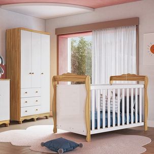 Quarto de Bebê com Berço Minicama e Guarda-roupa 3 Portas 100% MDF Nina Espresso Móveis Branco Brilho/Amêndoa