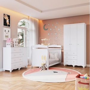 Quarto de Bebê Completo Berço 3 em 1, Guarda-roupa 3 Portas e Cômoda 100% MDF Nina Espresso Móveis Branco Brilho