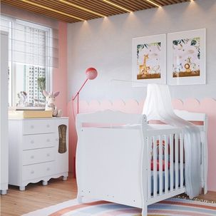 Quarto de Bebê com Berço 3 em 1 e Cômoda Janelada 100% MDF Aurora Espresso Móveis Branco Brilho