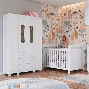 Quarto de Bebê com Berço 3 em 1, Guarda-roupa 4 Portas 100% MDF Aurora Espresso Móveis Branco Brilho