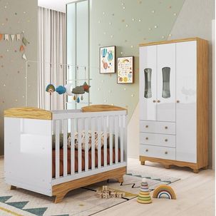 Quarto de Bebê Guarda-roupas 3 Portas com Janelas e Berço Minicama 100% Mdf Lena Espresso Móveis Branco Brilho/Amêndoa