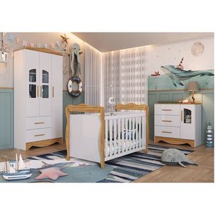 Quarto de Bebê com Berço e Guarda-roupas Cômoda 4 Portas Janeladas 100% Mdf Alice Espresso Móveis Branco Brilho/Amêndoa