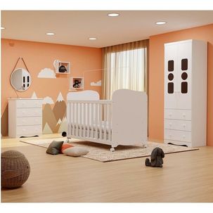 Quarto de Bebê com Guarda-roupas Cômoda 4 Portas Janeladas e Berço 100% Mdf Yaya Espresso Móveis Branco Brilho