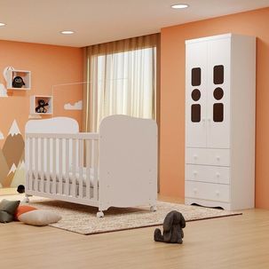 Quarto de Bebê Guarda-roupas 3 Portas Janeladas e Berço Minicama 100% Mdf Yaya Espresso Móveis Branco Brilho