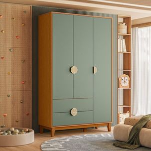 Guarda-Roupa Infantil 3 Portas e 2 Gavetas Kid em MDF Cinamomo / Sálvia