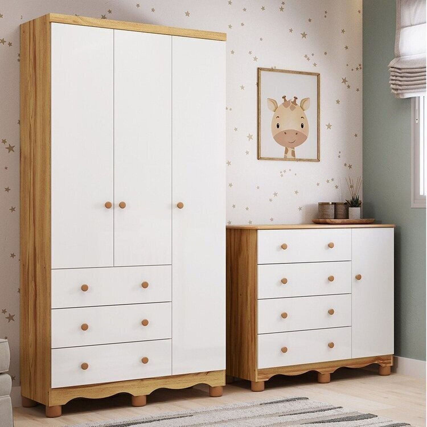 Quarto Infantil com Guarda-roupa 3 Portas e Cômoda 1 Porta 100% Mdf Mimo Espresso Móveis Branco Brilho/Amêndoa