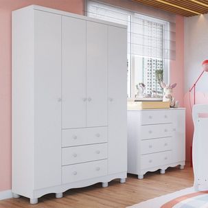 Quarto Infantil com Guarda-roupa 4 Portas e Cômoda 1 Porta 100% Mdf Mimo Espresso Móveis Branco Brilho