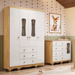 Quarto Infantil com Guarda-roupa 4 Portas e Cômoda com Janelas 100% Mdf Lana Espresso Móveis Branco Brilho/Amêndoa
