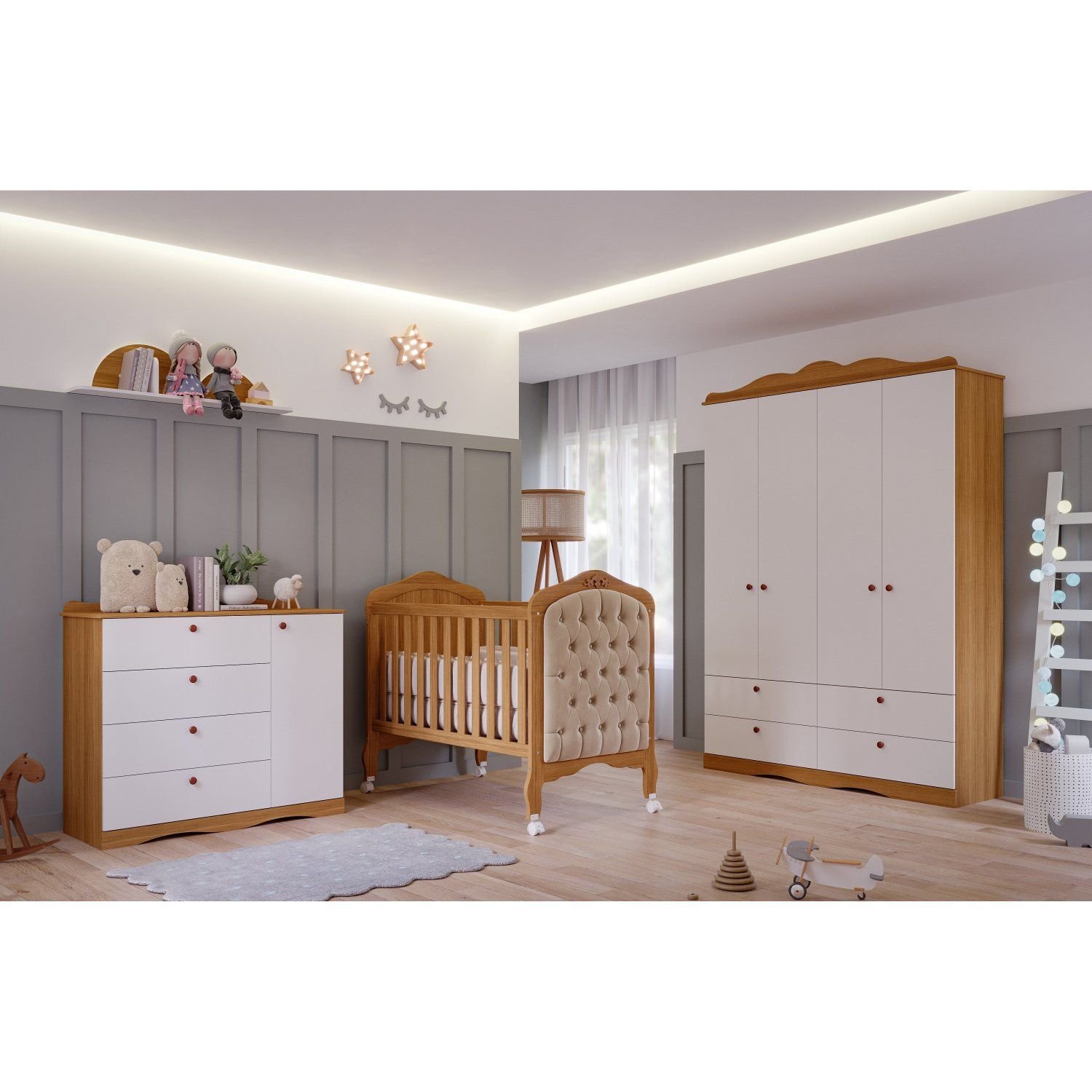 Quarto de Bebê 3 Peças com Berço Capitonê Cômoda 4 Gavetas e Guarda Roupa 4 Portas 4 Gavetas Aquarel Nature/Branco