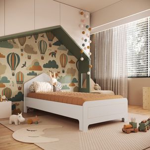 Cama Infantil em Mdf 15mm com Cabeceira Casinha 193cm X 95cm Dylan Branco Tx/ Cru