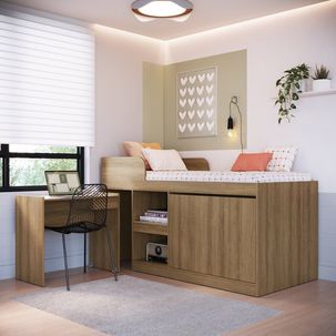 Cama Alta Multifuncional Solteiro Infantil/Juvenil com Estação De Trabalho 80 Jamaica Mel