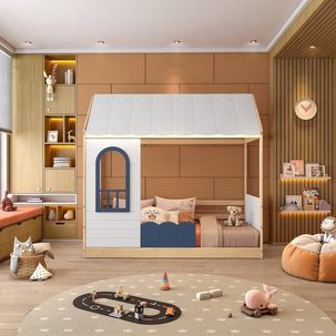 Cama Montessoriana Casinha com Led e Janela New Garden Casatema Banco/Azul