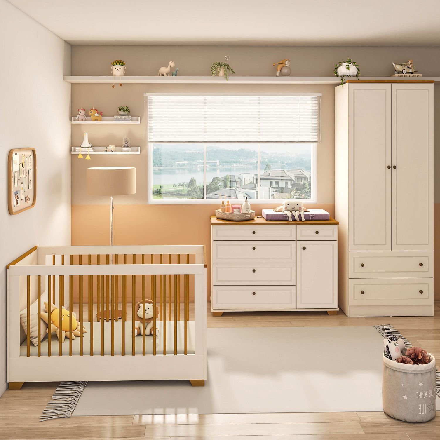 Quarto de Bebê Completo 1 Berço 1 Cômoda e 1 Guarda Roupa 2 portas Baby Ananda Casatema OffWhite/Mel