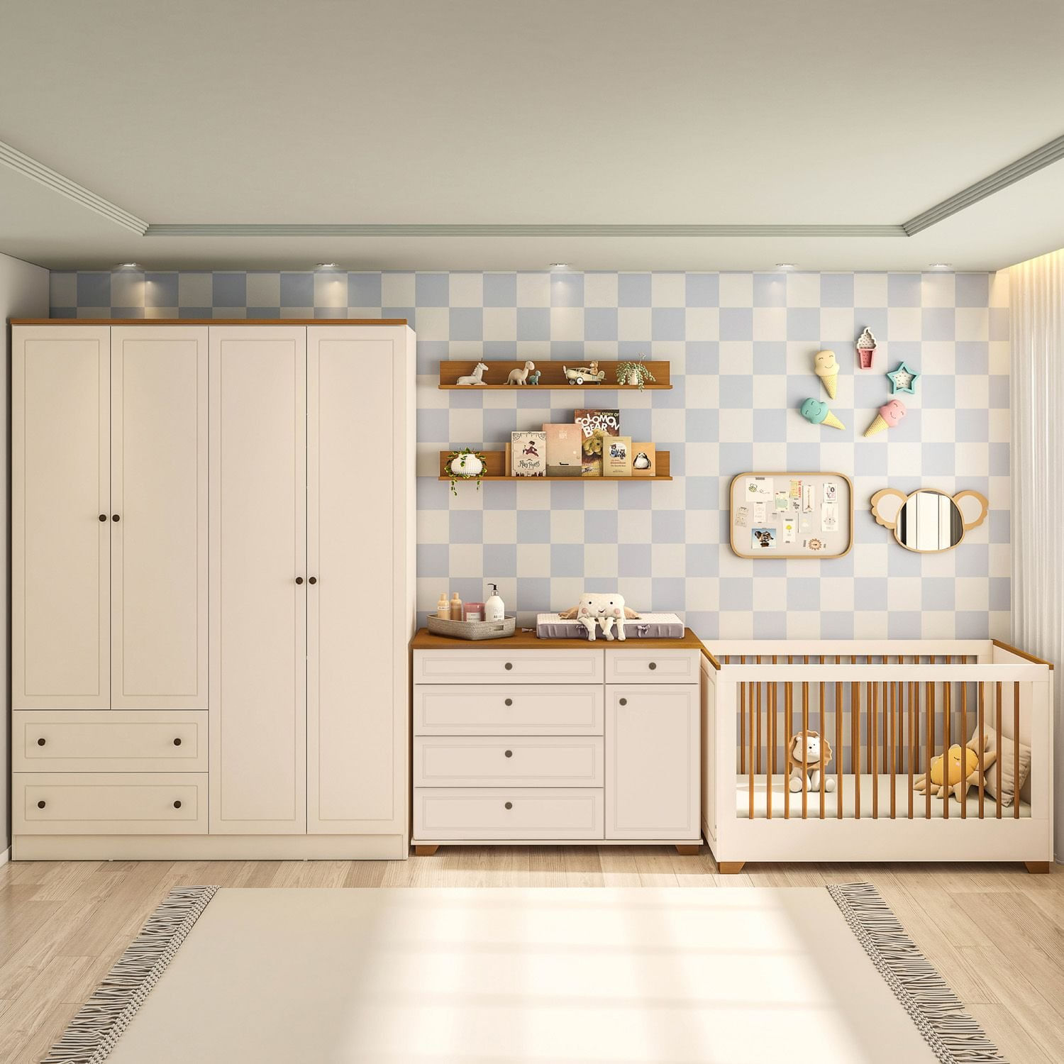 Quarto de Bebê Completo  1 Berço 1 Cômoda e 1 Guarda Roupa 4 portas Baby Ananda Casatema OffWhite/Mel