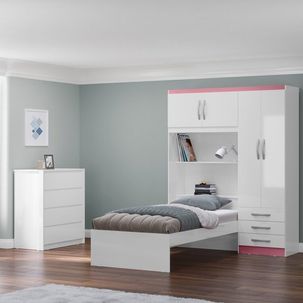 Conjunto Infantil Guarda-Roupa com cama Lisboa 4 Portas e 3 Gavetas com Cômoda Carla 4 Gavetas Branco/Rosa
