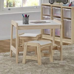 Conjunto Infantil Mesa com 2 Banquetas Castelo Casatema Branco / Natural