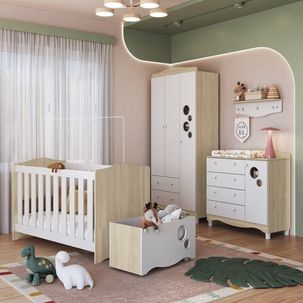 Conjunto Quarto de Bebê com Berço, Cômoda, Guarda-roupa, Prateleira e Caixa de Brinquedos Carvalho Araguaia/Branco
