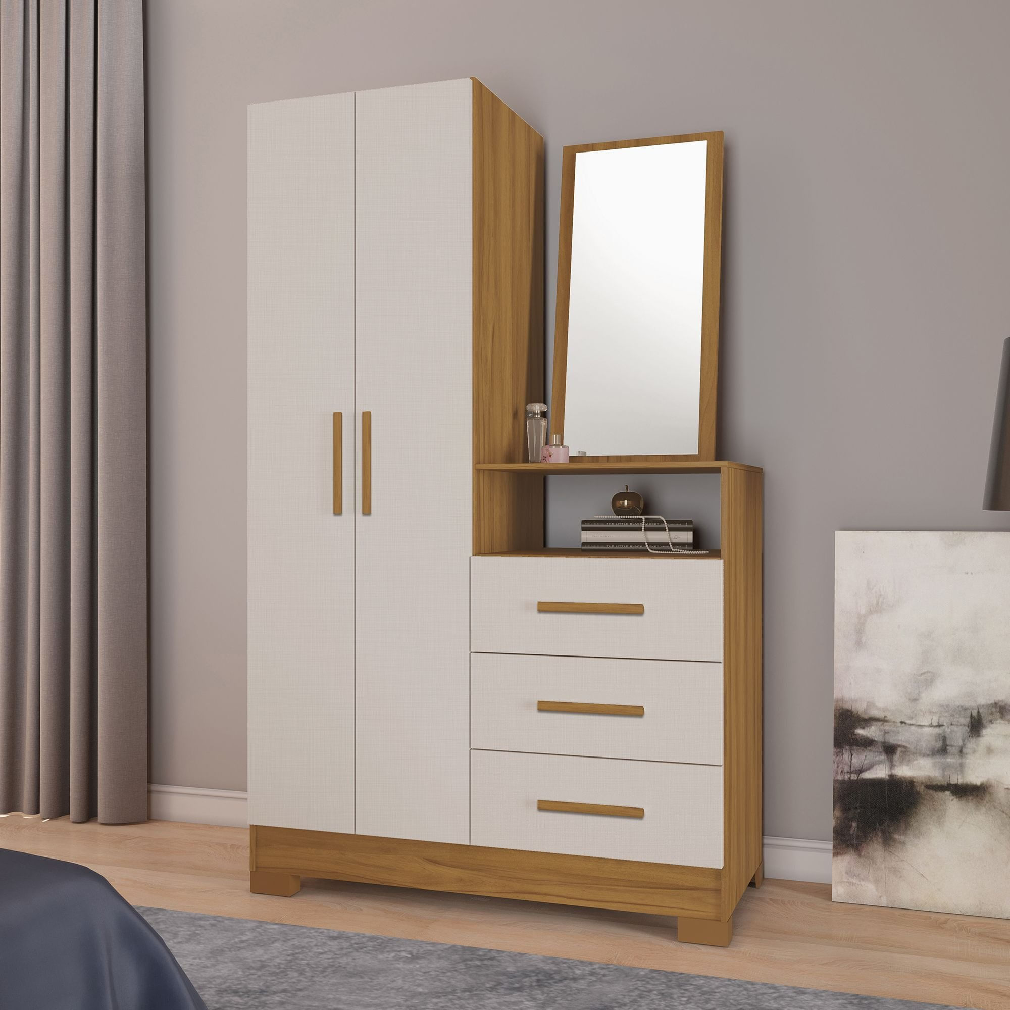 Cômoda para Quarto 3 Gavetas e 2 Portas com Espelho NT5165 Freijó