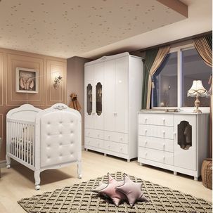 Quarto de Bebê com Guarda Roupa Cômoda com Janelas e Berço com Capitonê Maya Provençal 100% Mdf Branco Brilho