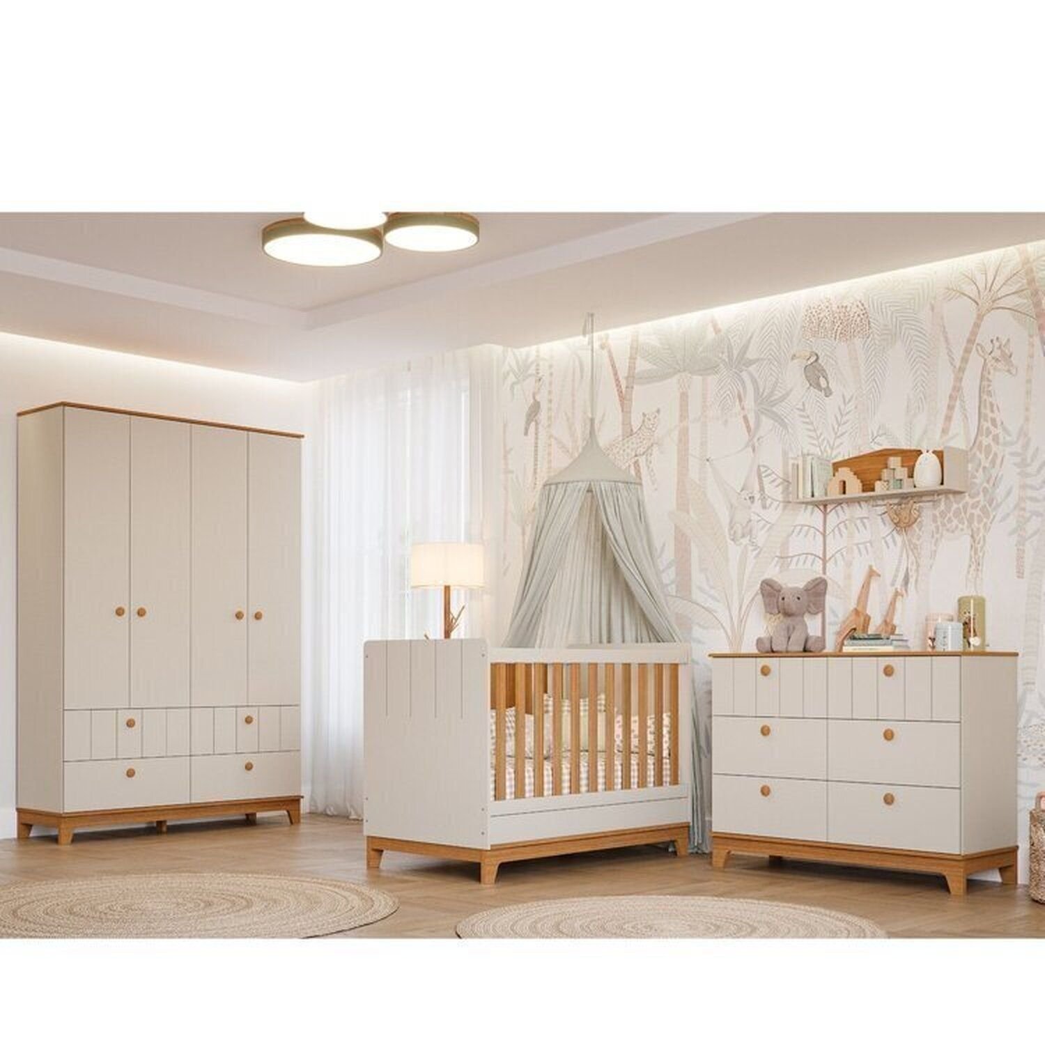 Quarto de Bebê 1 Berço 1 Cômoda 6 Gavetas 1 Guarda Roupas 4 Portas 4 Gavetas Chantilly Off White / Nature