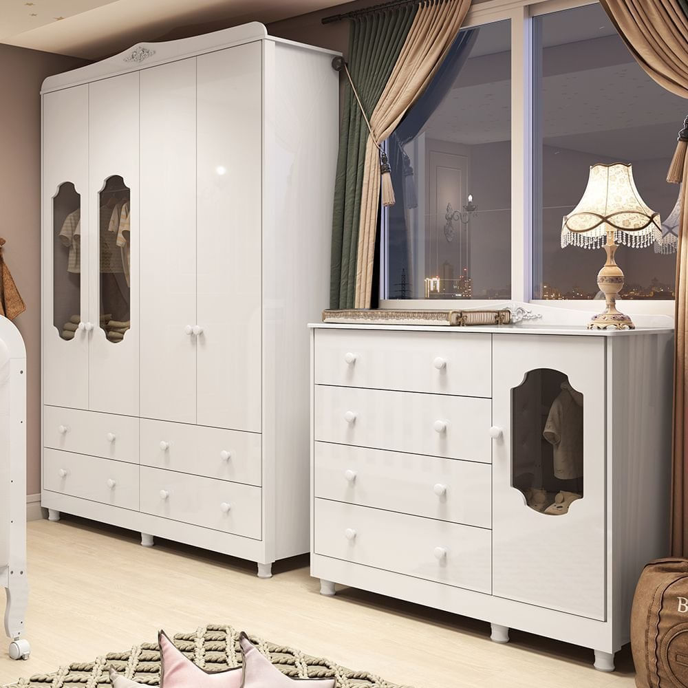 Quarto Infantil com Guarda-roupas e Cômoda com Janelas 100% Mdf Maya Provençal Espresso Móveis Branco Brilho