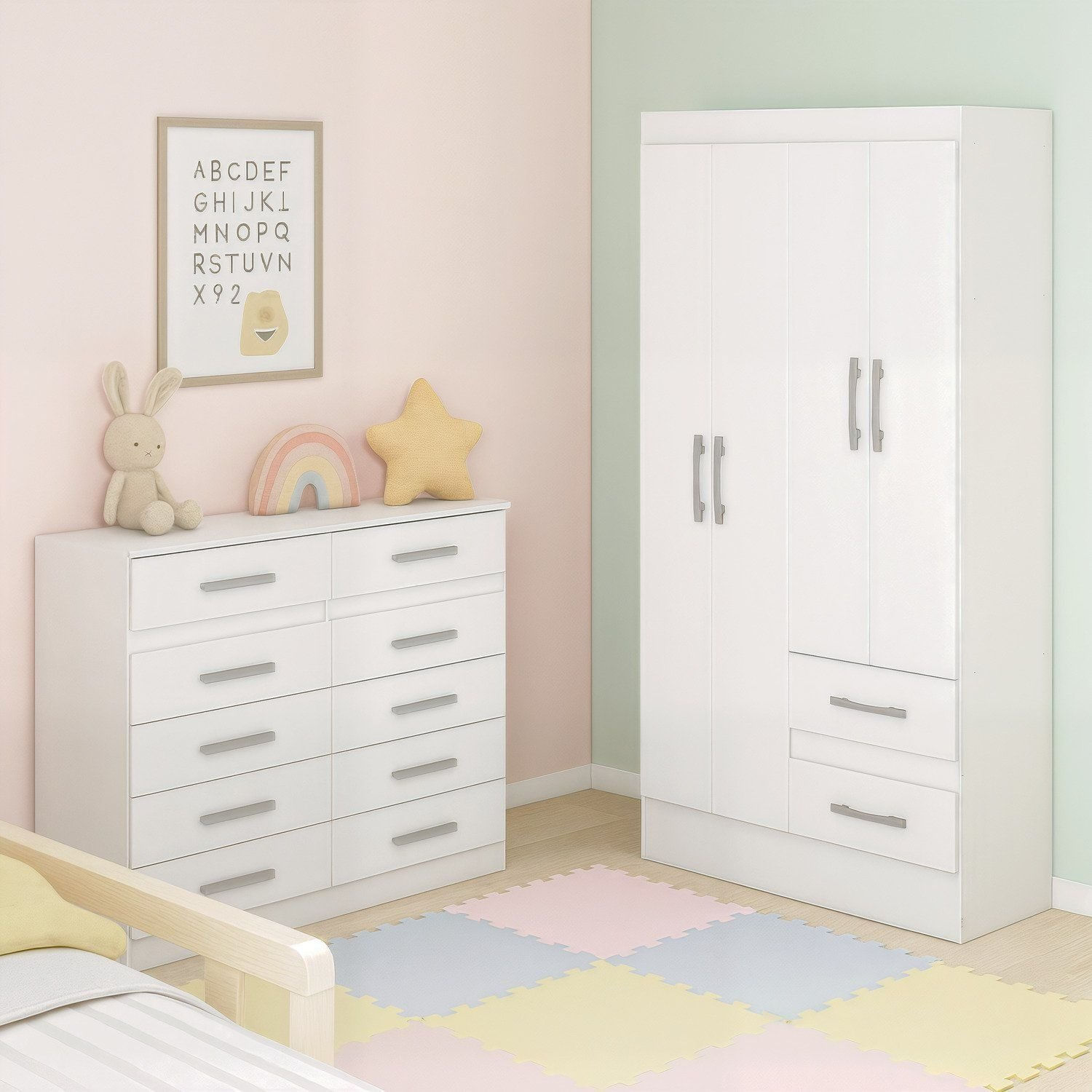Quarto Infantil com Cômoda 10 Gavetas e Guarda-Roupa 4 Portas e 2 Gavetas Ninho  Branco
