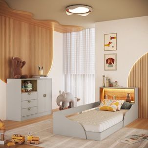 Quarto Infantil com Cama Solteiro Montessoriana com Iluminação Led e Comoda Lille Arenas