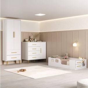Quarto Infantil com Guarda-roupa 2 Portas 2 Gavetas com Cômoda e Cama Magia Espresso Móveis Branco