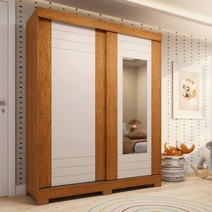 Guarda-roupa Infantil 2 Portas de Correr e Espelho 140cm X 188cm 100% Mdf Lunara Espresso Móveis Cinamomo/Off White
