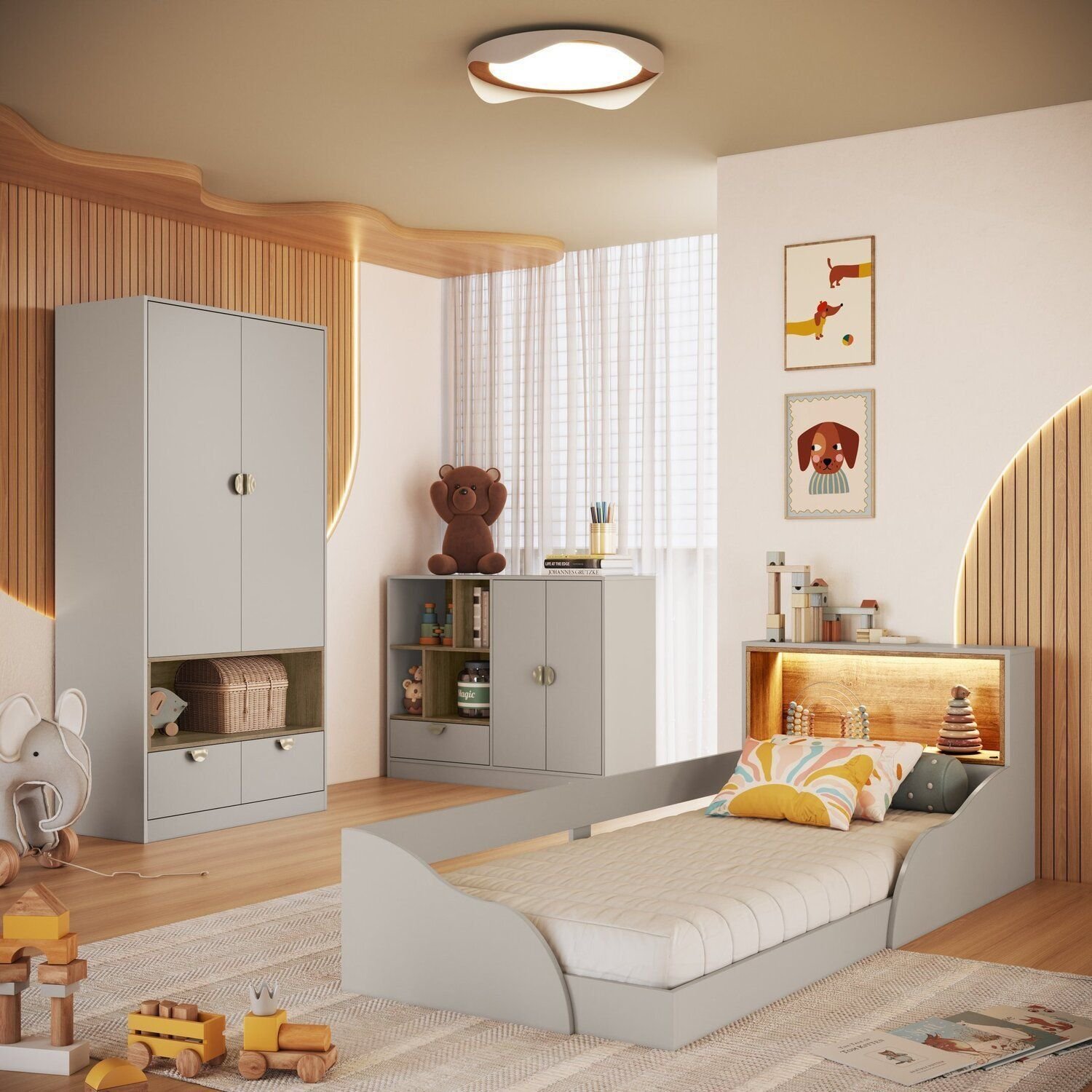 Quarto Infantil com Cama Solteiro Montessoriana com Iluminação Led, Comoda e Guarda-Roupas Lille Arenas