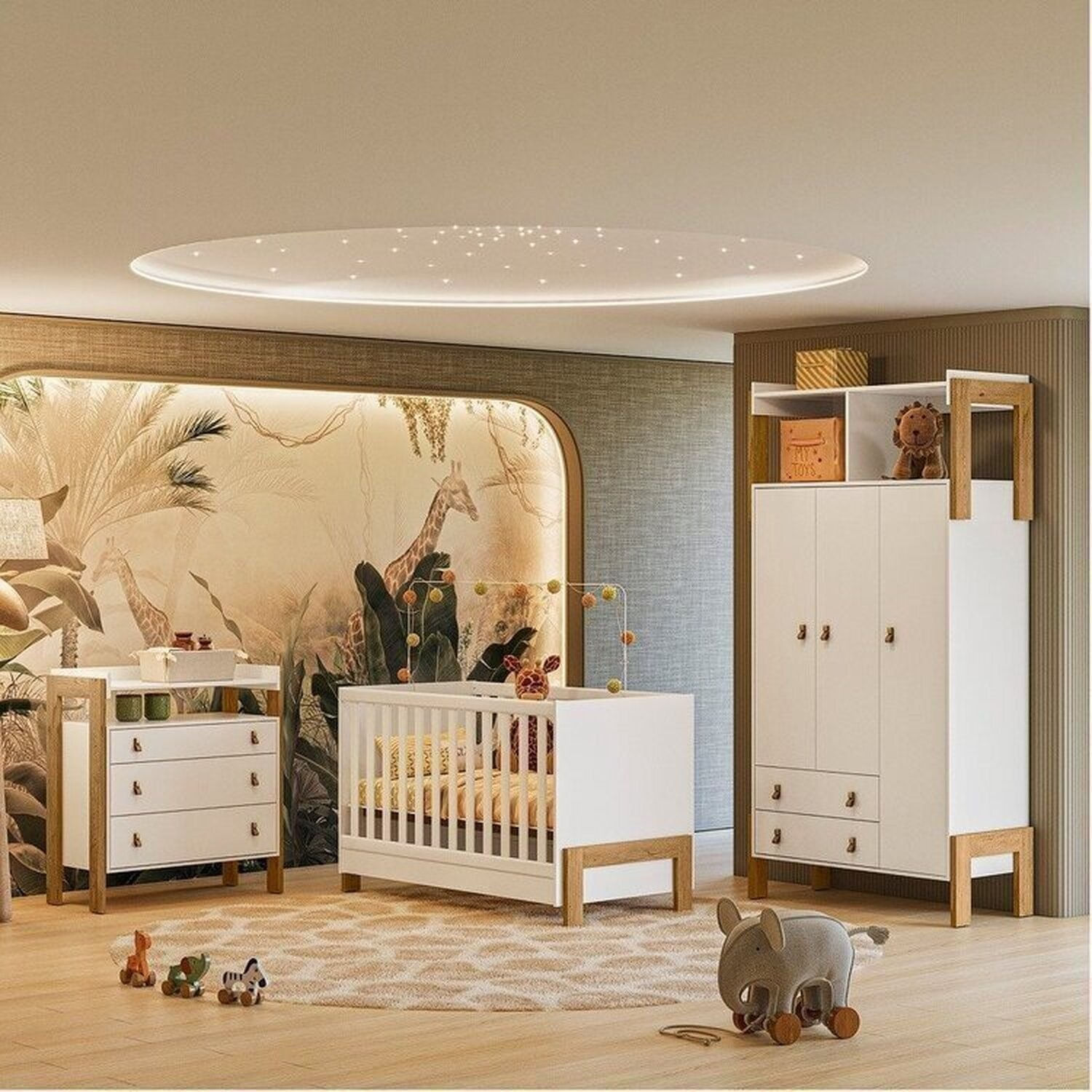 Quarto para Bebê Completo com Guarda-roupa, Berço e Cômoda fantasia Branco Acetinado