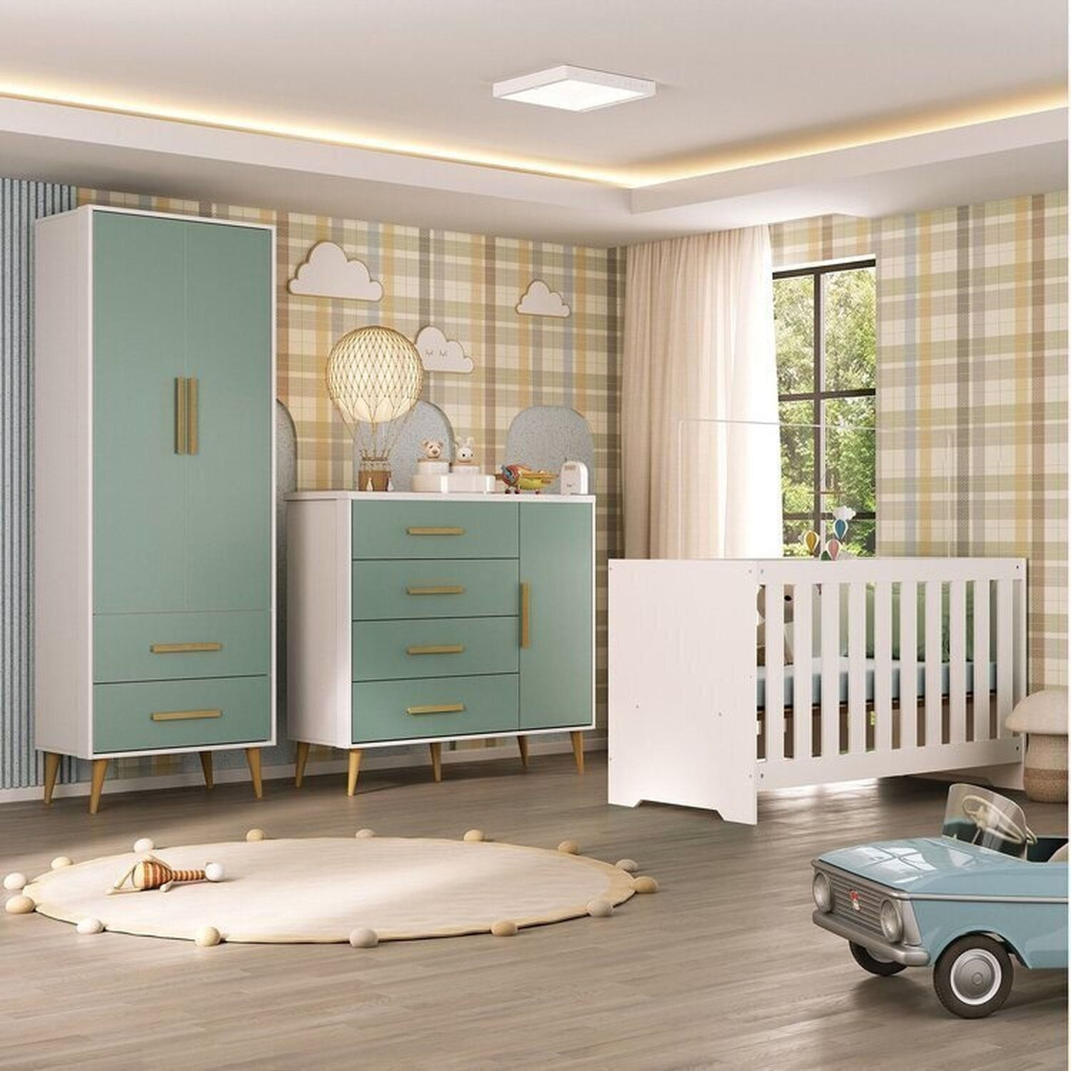 Quarto Infantil com Guarda-Roupa 2 Portas 2 Gavetas com Cômoda e Berço Magia Espresso Móveis Branco/Verde