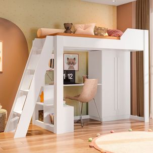 Cama Alta Office Infantil e Juvenil com Escrivaninha e Roupeiro Vivace Branco